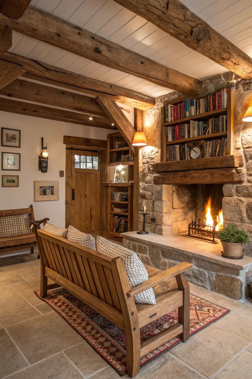 A hearth bench creates an inviting gathering spot in the room.