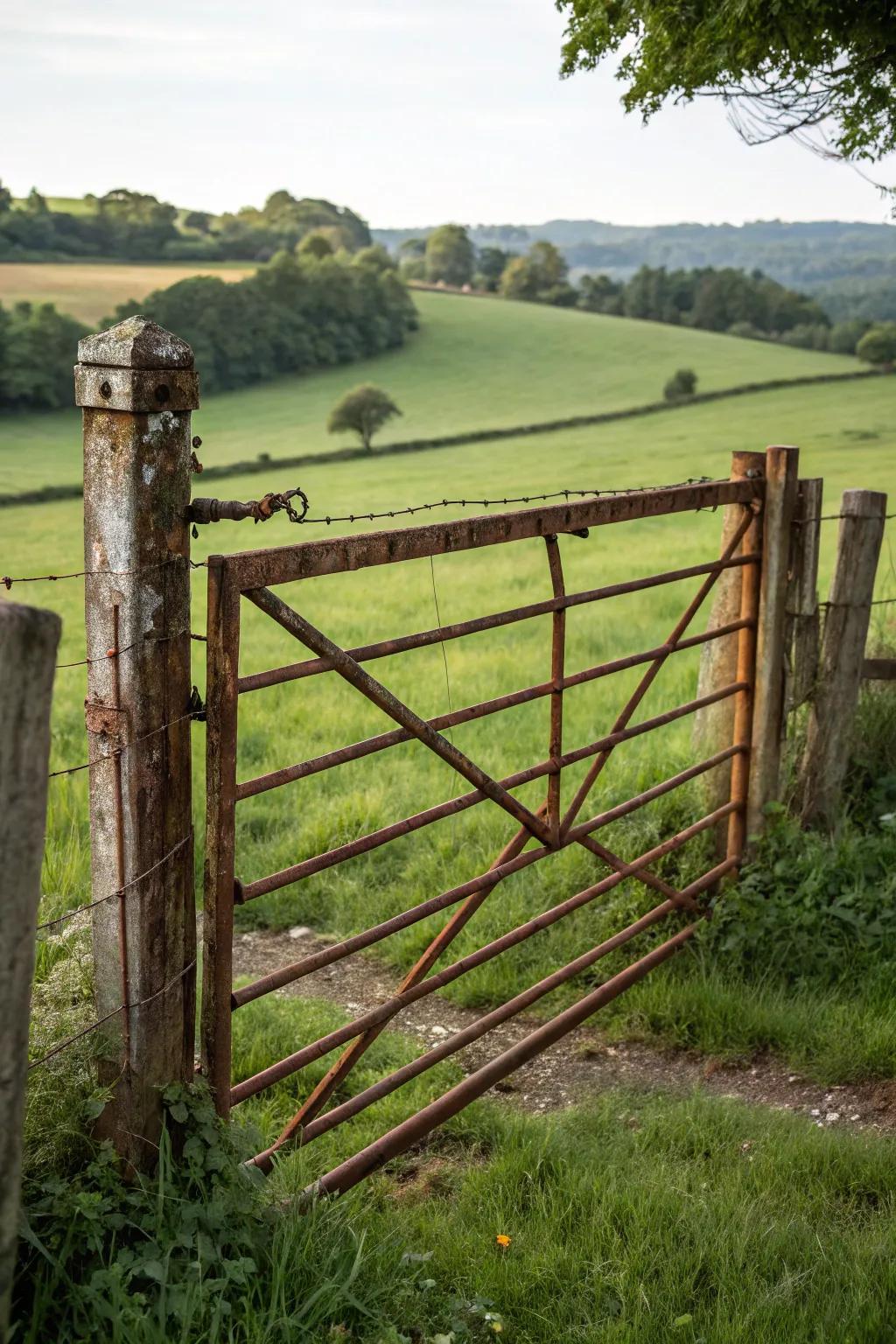 A gate exemplifying the appeal of weathered metal.