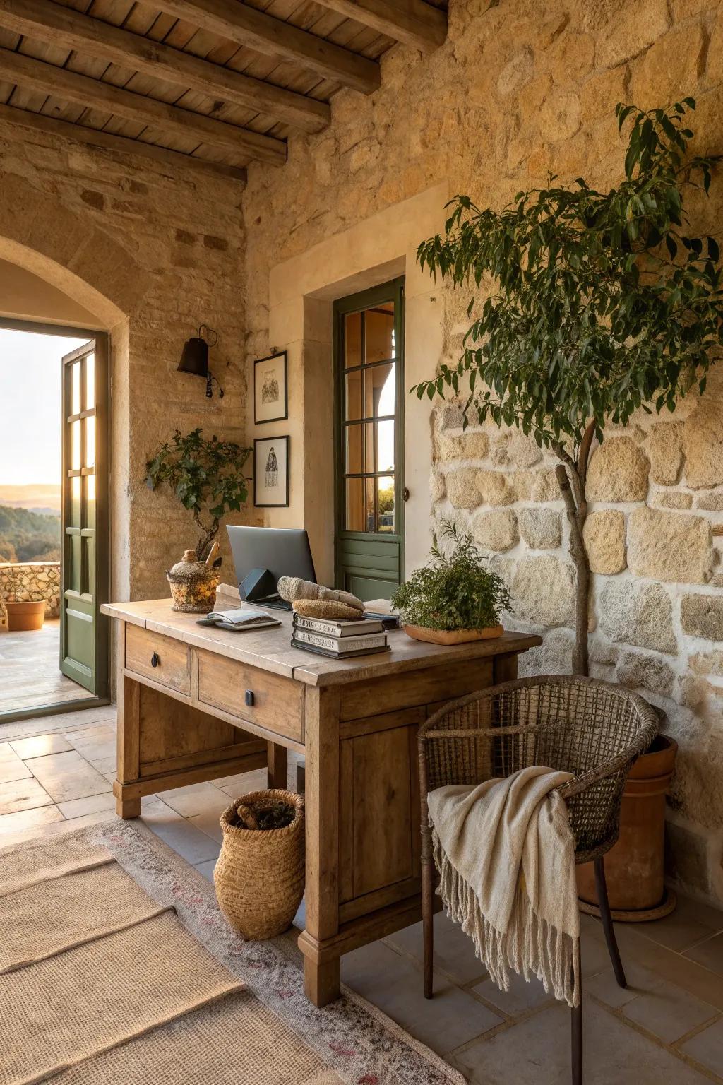 Natural compositions bring the outdoors in, enhancing the rural vibe of your office. 🌿 #NaturalElements #RusticOffice