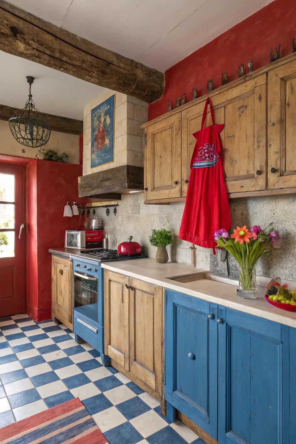 Bold color accents bring unexpected vibrancy to country-style cooking spaces.
