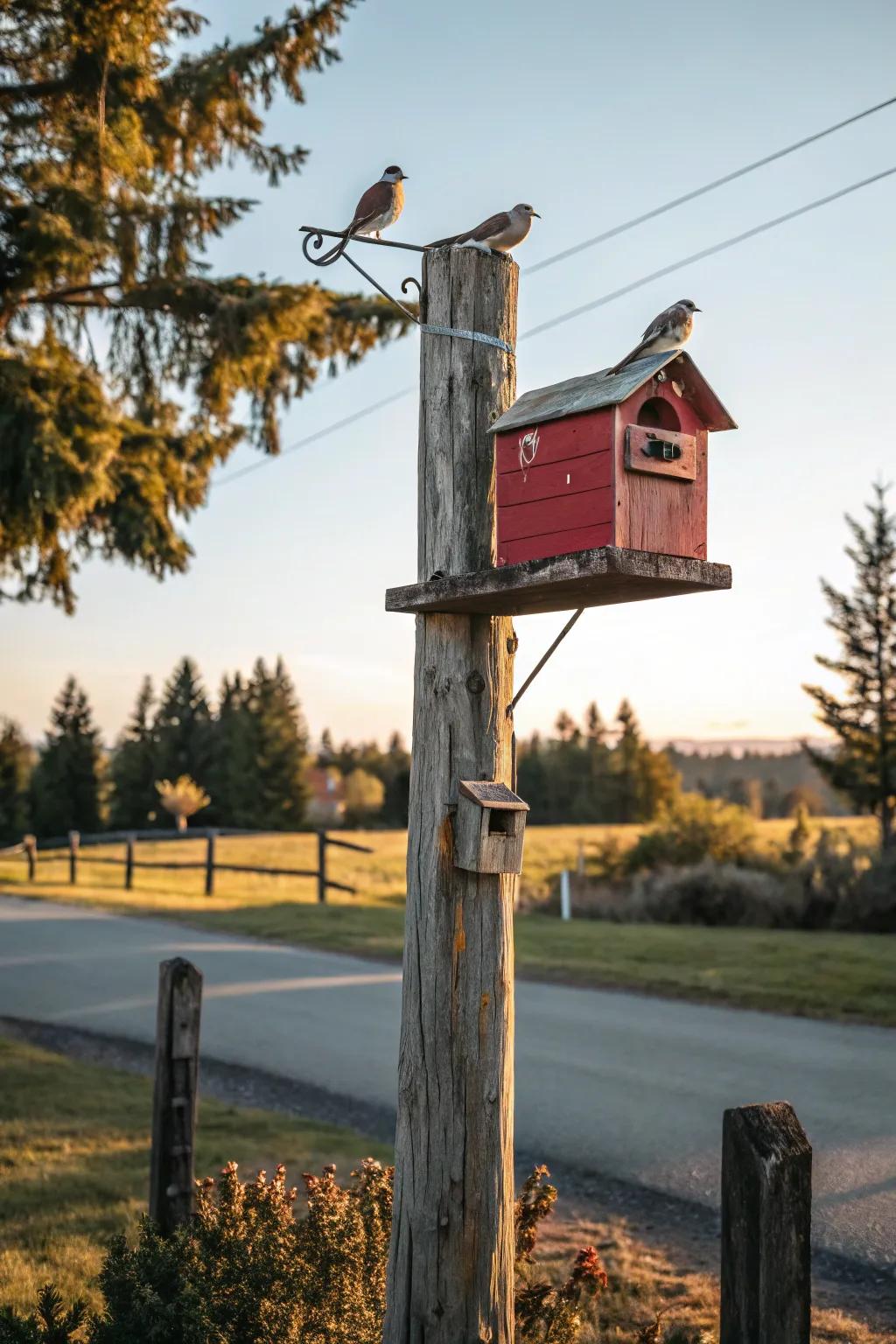 An incorporated bird home enhances life and charm to this mailbox stand.