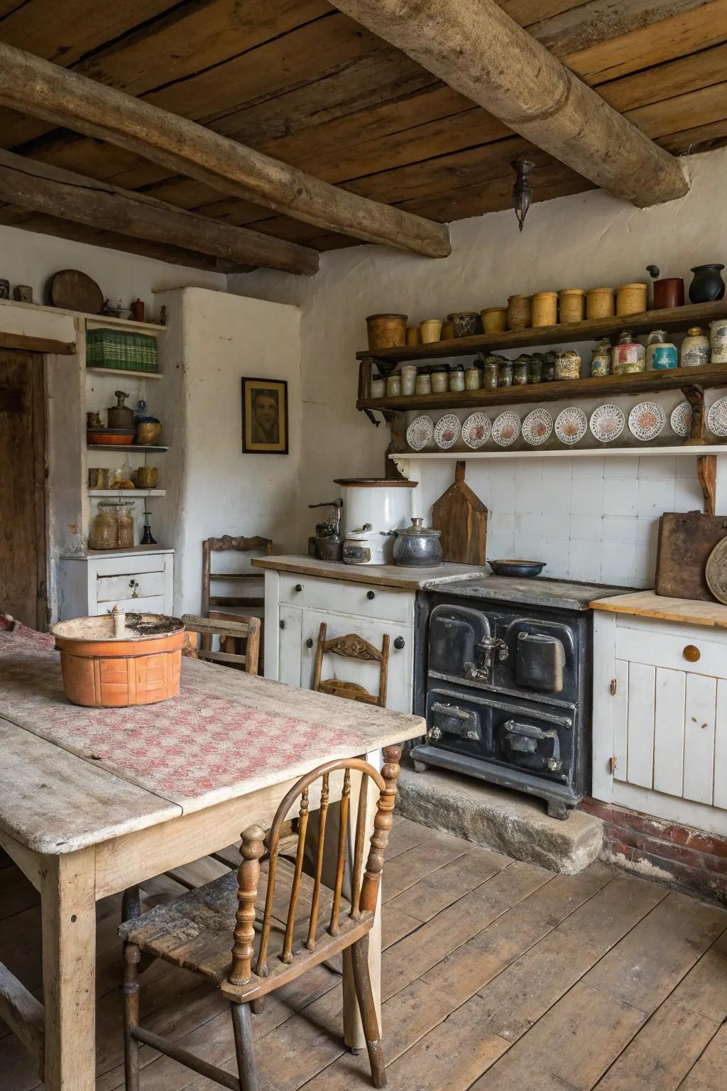 Weathered furniture enriches the kitchen with a welcoming, well-used feeling.