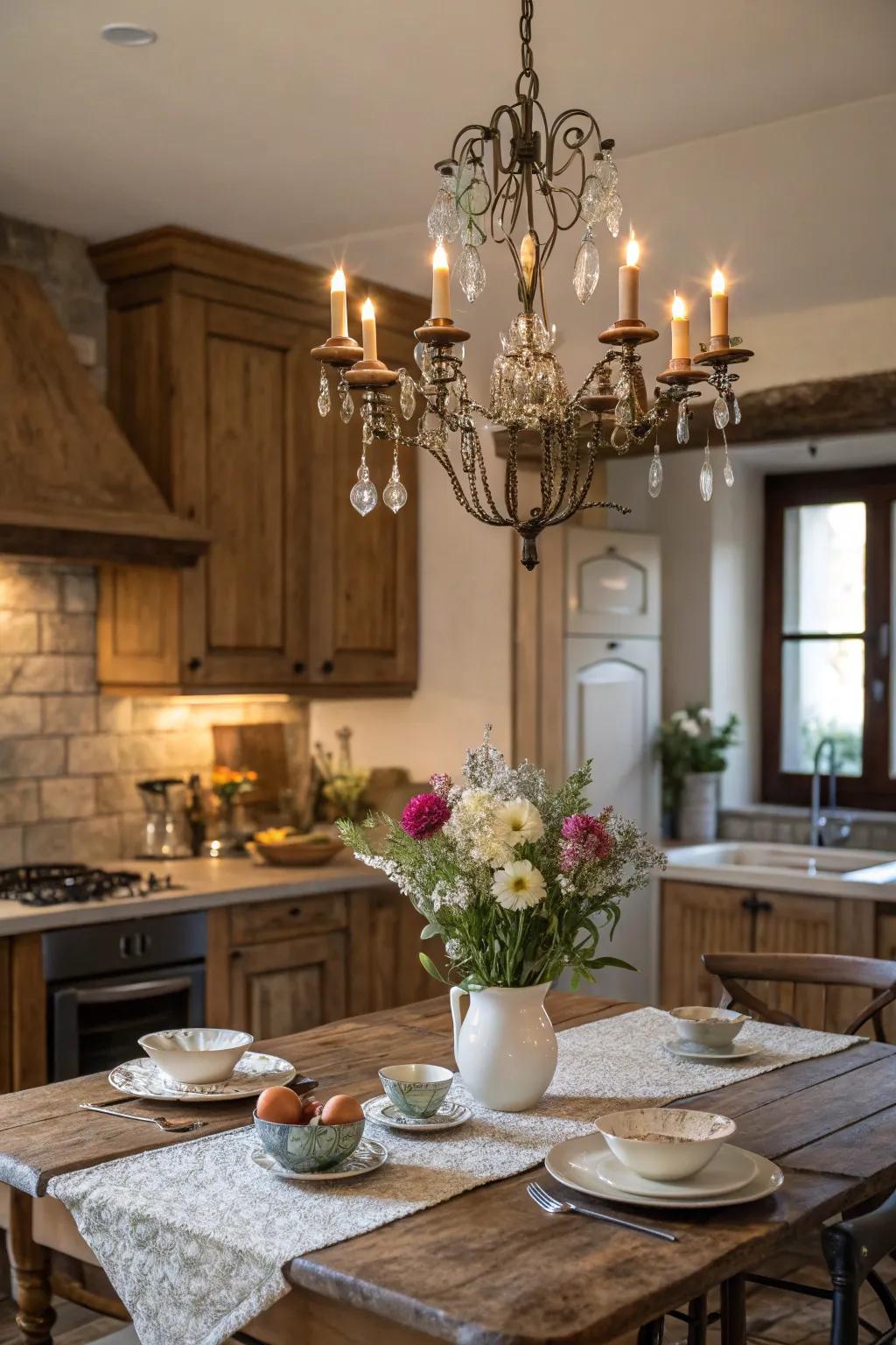 A vintage chandelier introduces elegance and charm to a farmhouse kitchen.