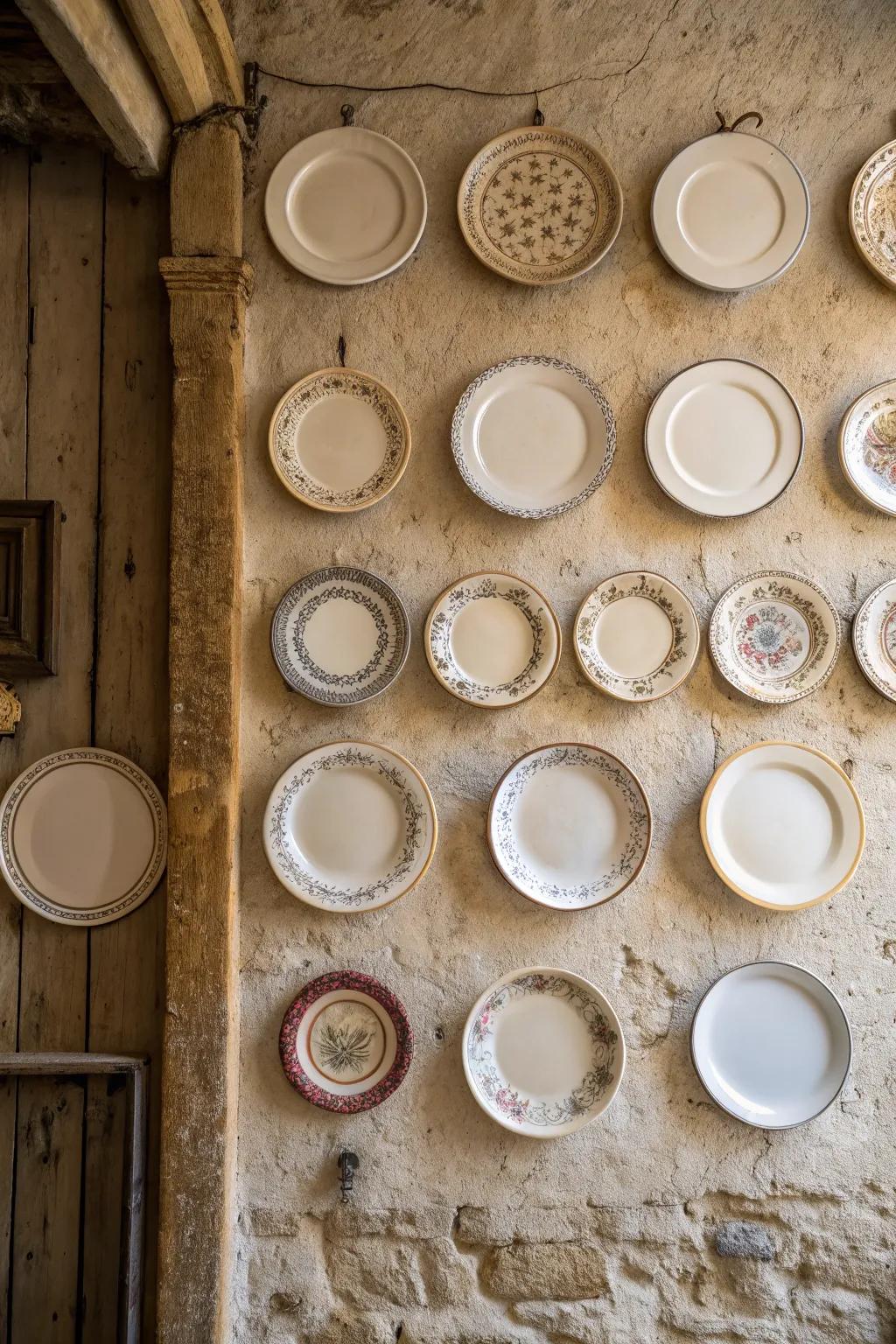 A balanced arrangement of plates introduces elegance to country wall decor.