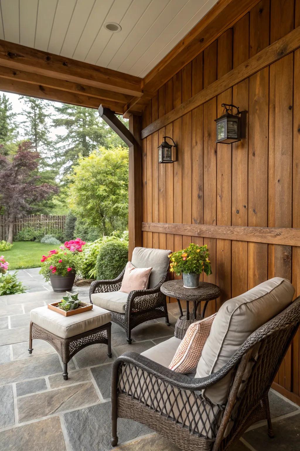 Exterior paneling fashions a snug, cabin-esque refuge on the veranda.