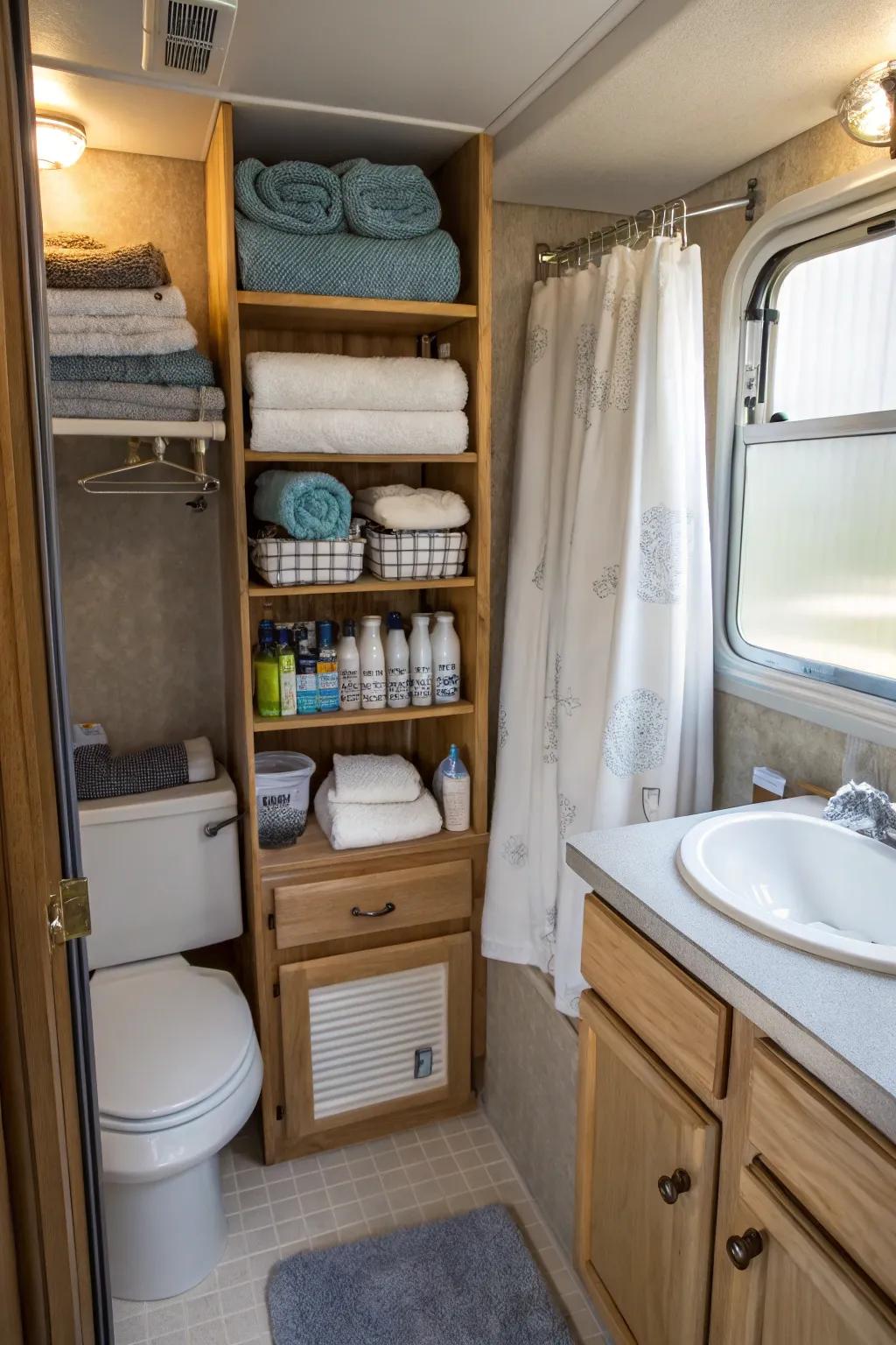 With over-the-toilet shelving, you can make use of space.