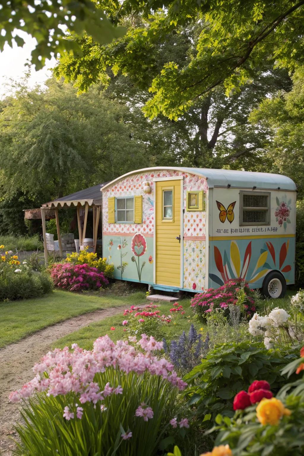A colorful RV shed bringing energy and personality to storage.