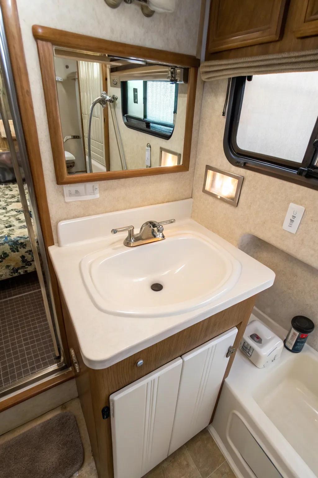 A porcelain basin using traditional appeal in an RV restroom.