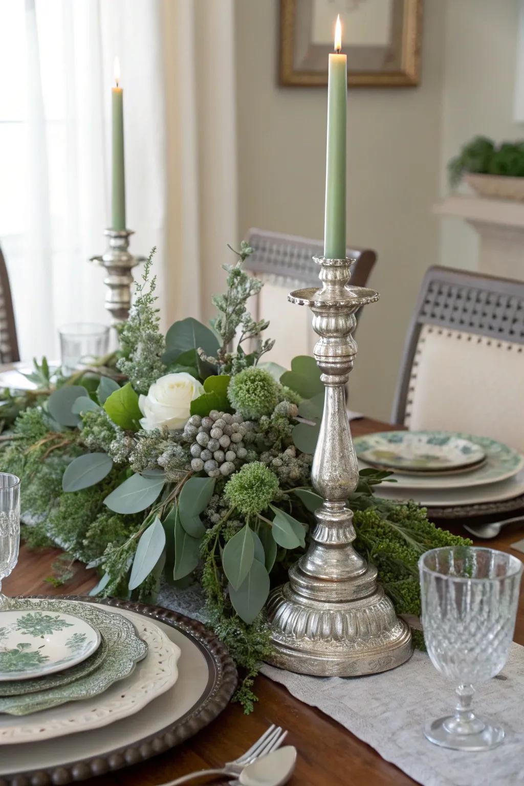 Sage green paired with silver creates a sleek and elegant look.
