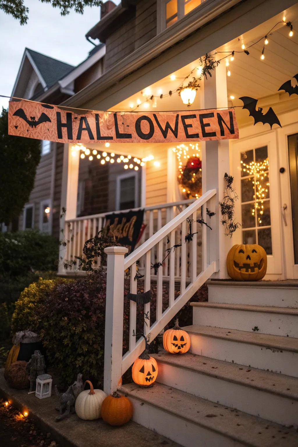 An enchanting banner injects a celebratory touch into the Halloween arrangement.