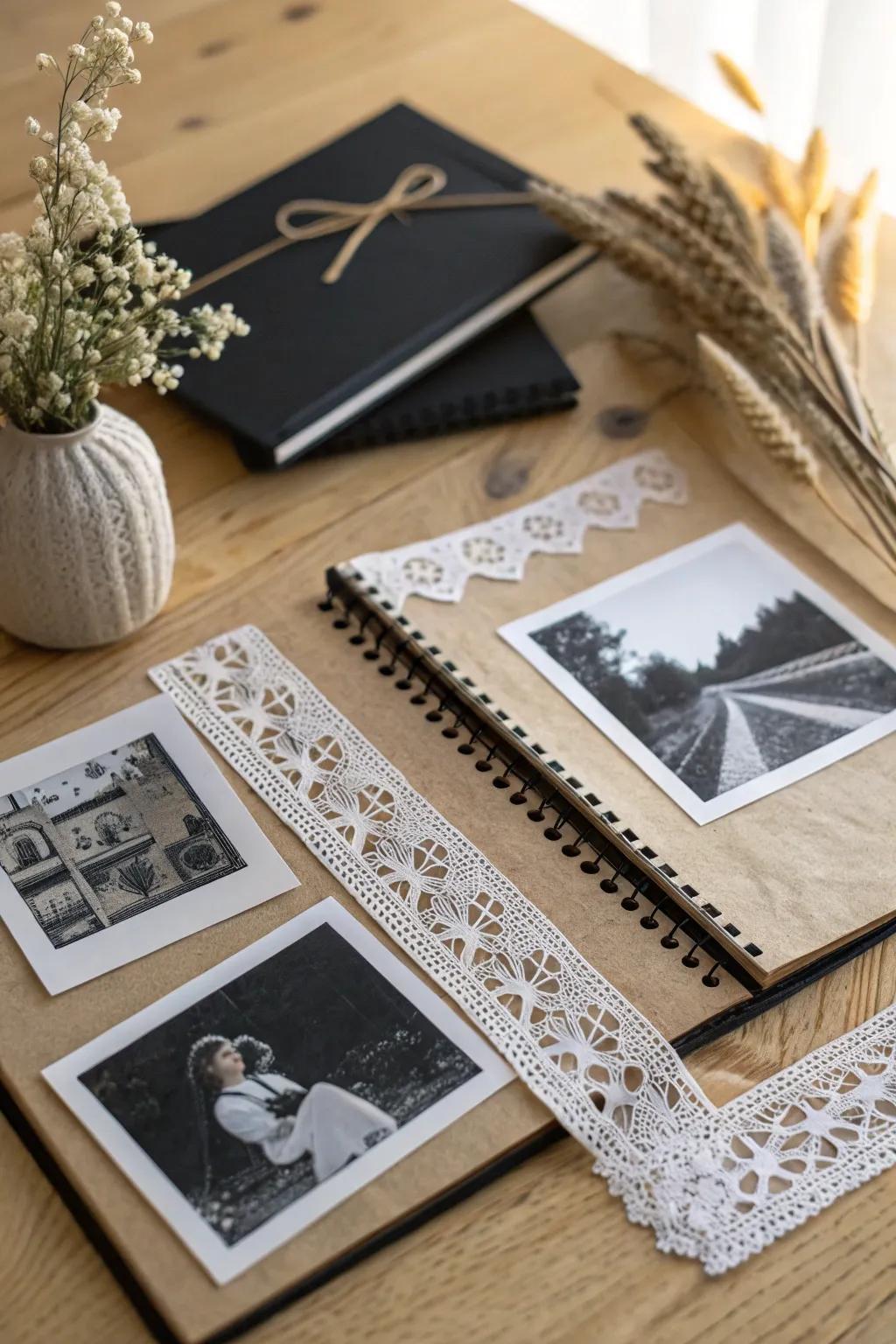 Embrace the timeless elegance of ebony and ivory for your scrapbook masterpiece.