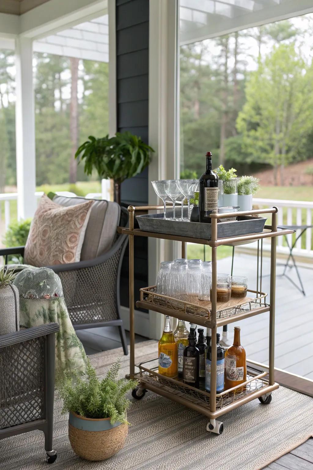 A mini bar cart offers a stylish way to serve drinks on the porch.