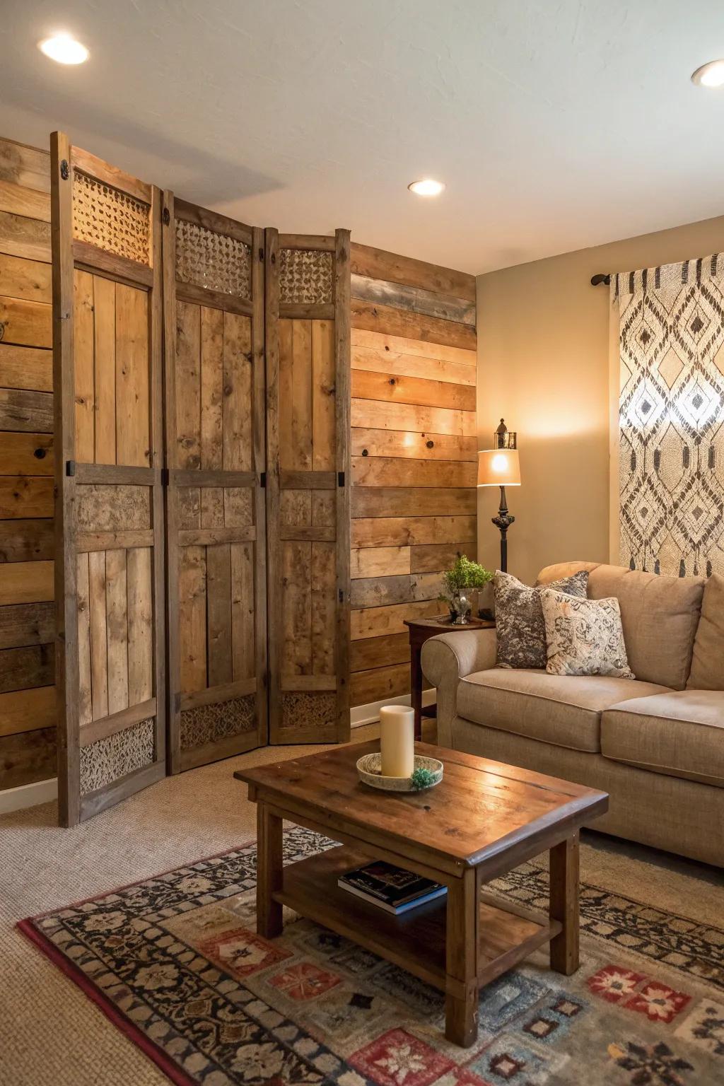 Folksy screen walls yield warmth through reprocessed timber.
