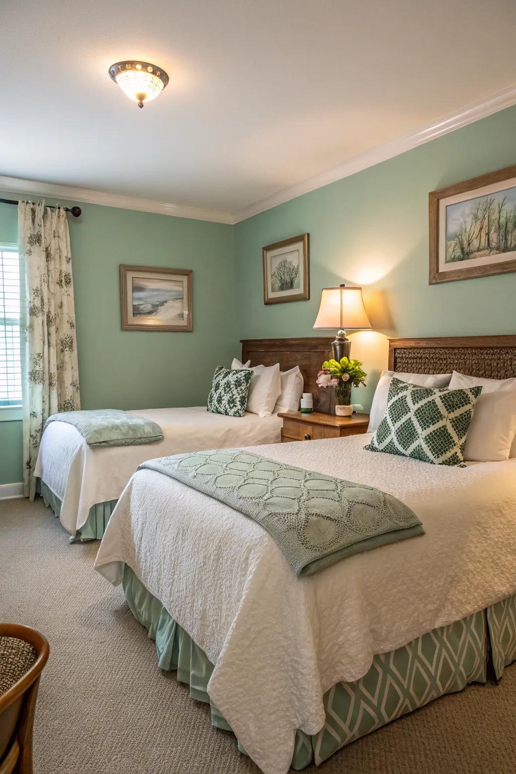 A refreshing guest room with calming seafoam green walls.