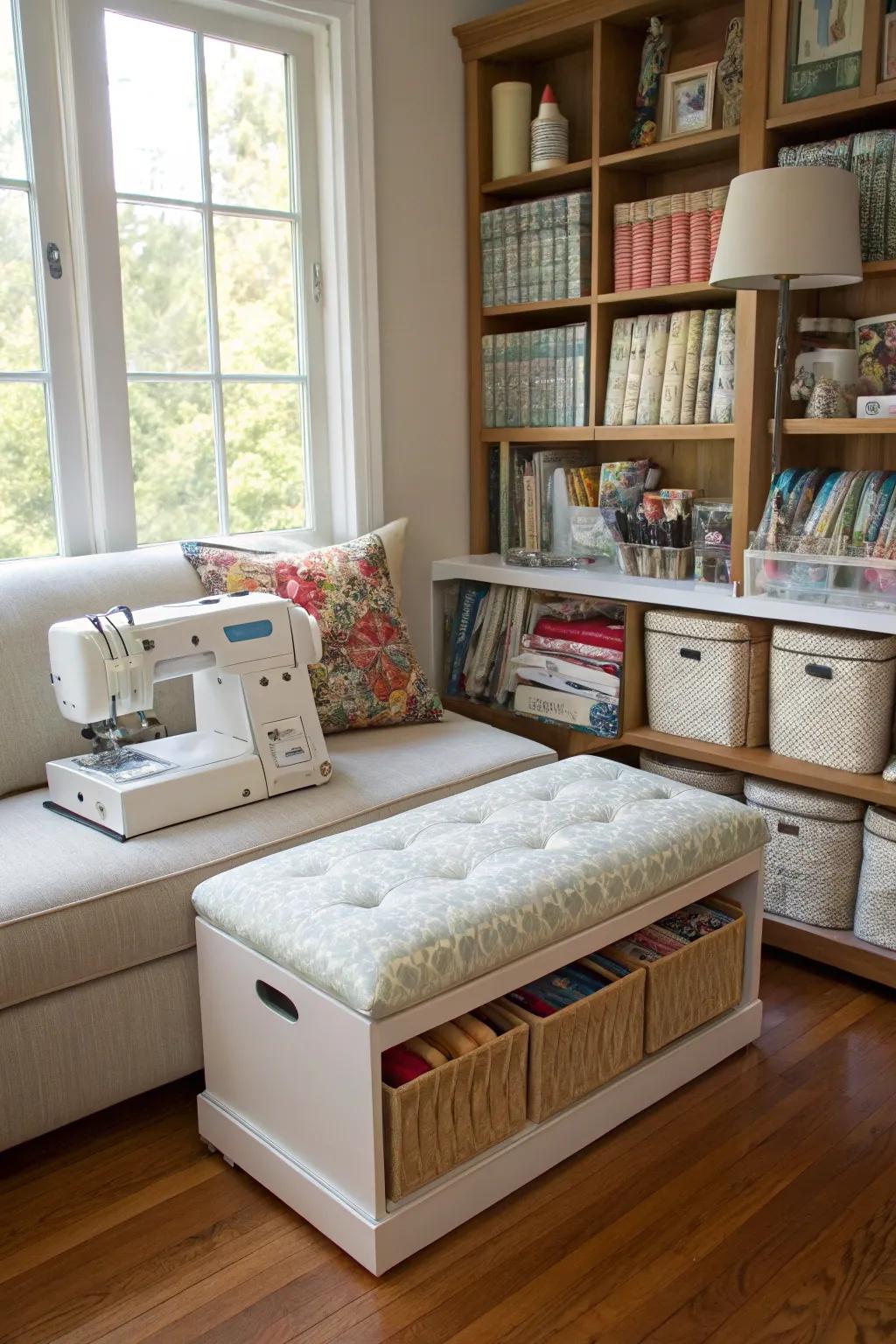 Multi-use furniture maximizes space efficiency.