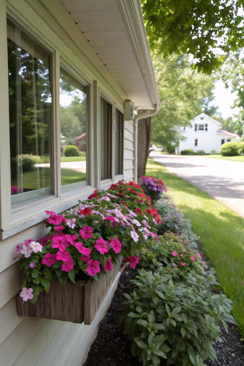 Evergreen Blooms provide resilient flowers for easy-care window boxes.