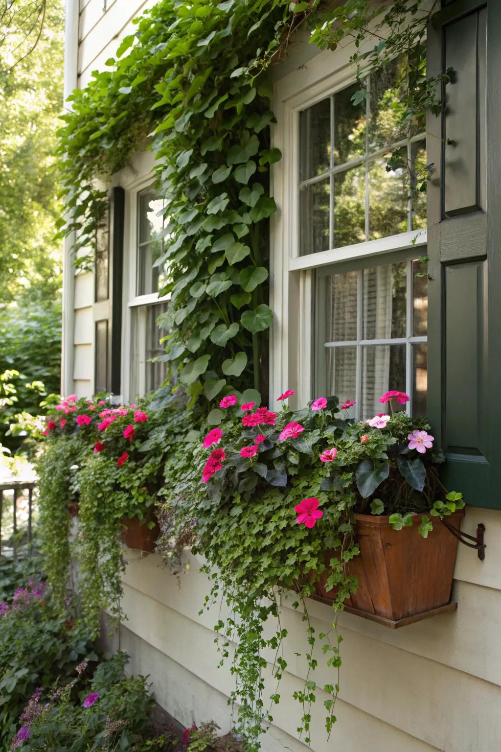 A shaded window setting with fanciful window boxes.