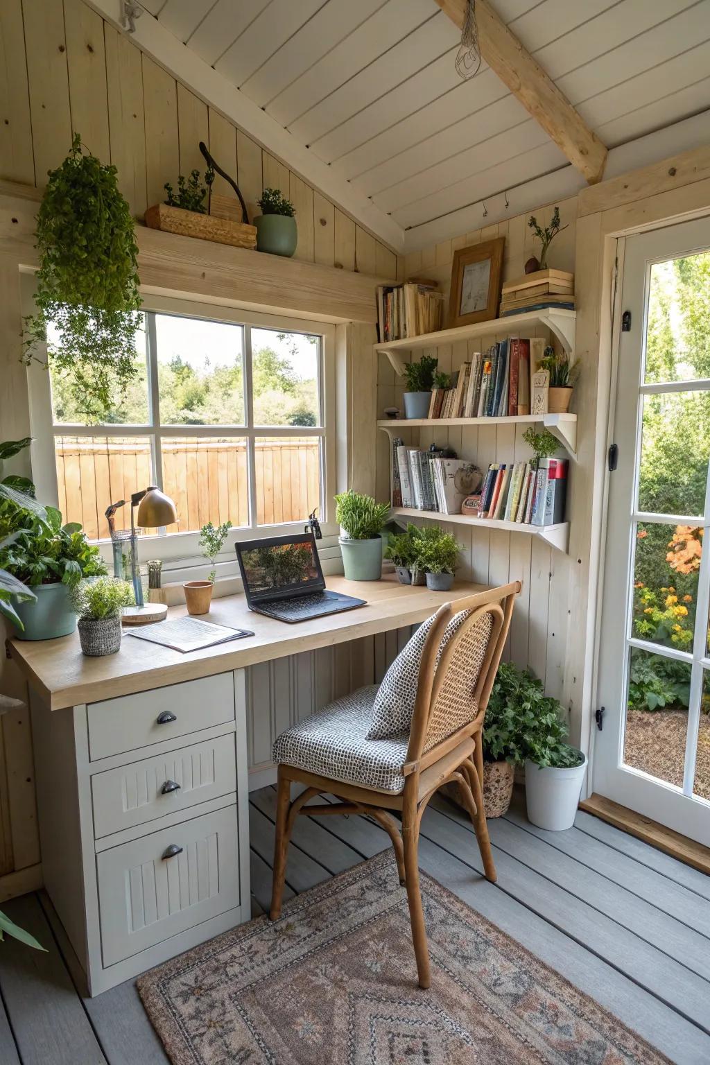 A yard outbuilding transformed into a serene home office.