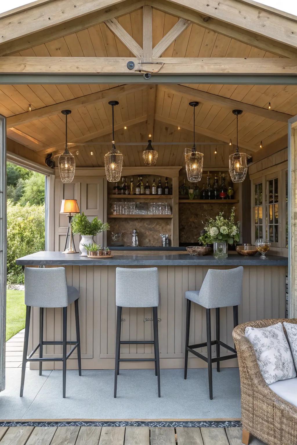 An entertaining bar zone within a shed dwelling, impeccable for hosting.