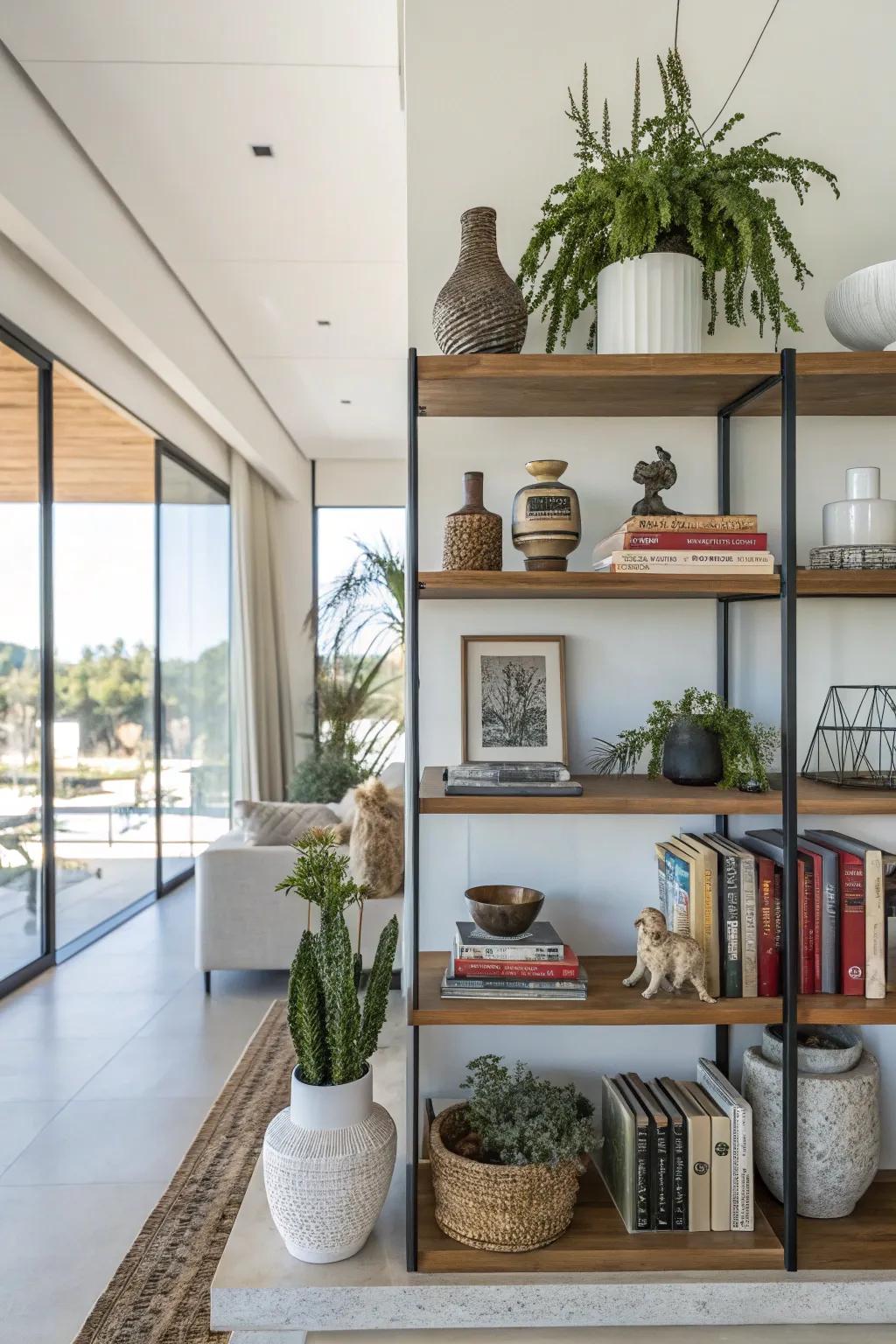 An unbalanced shelf composition offers a striking design assertion.