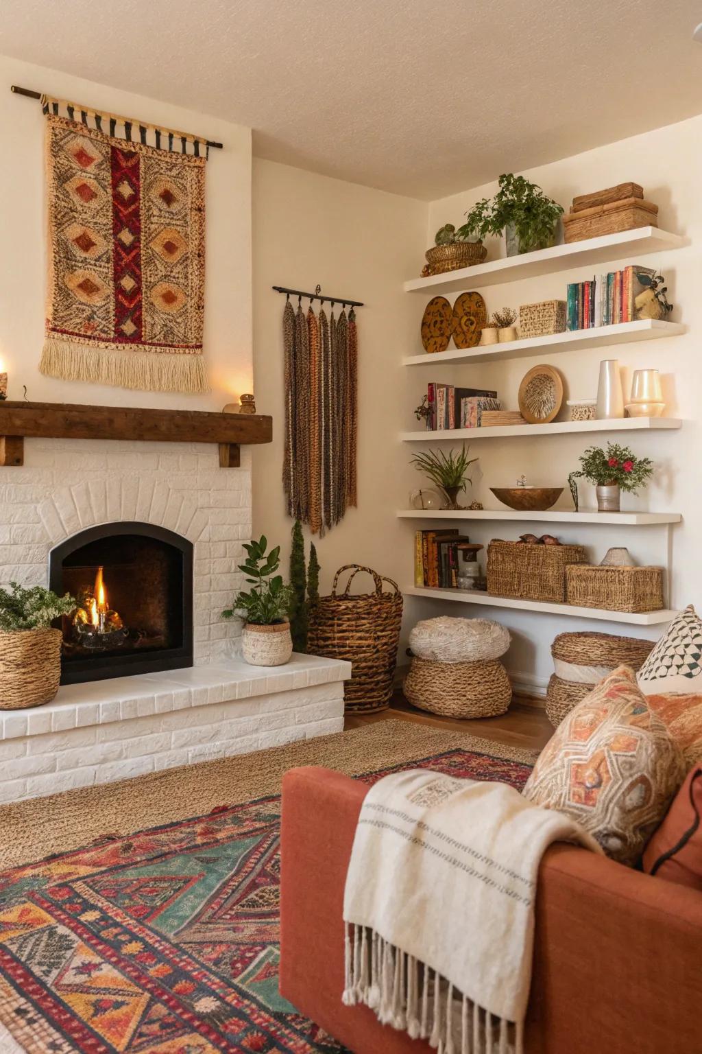 Bohemian decor adds vibrant energy to the living space.