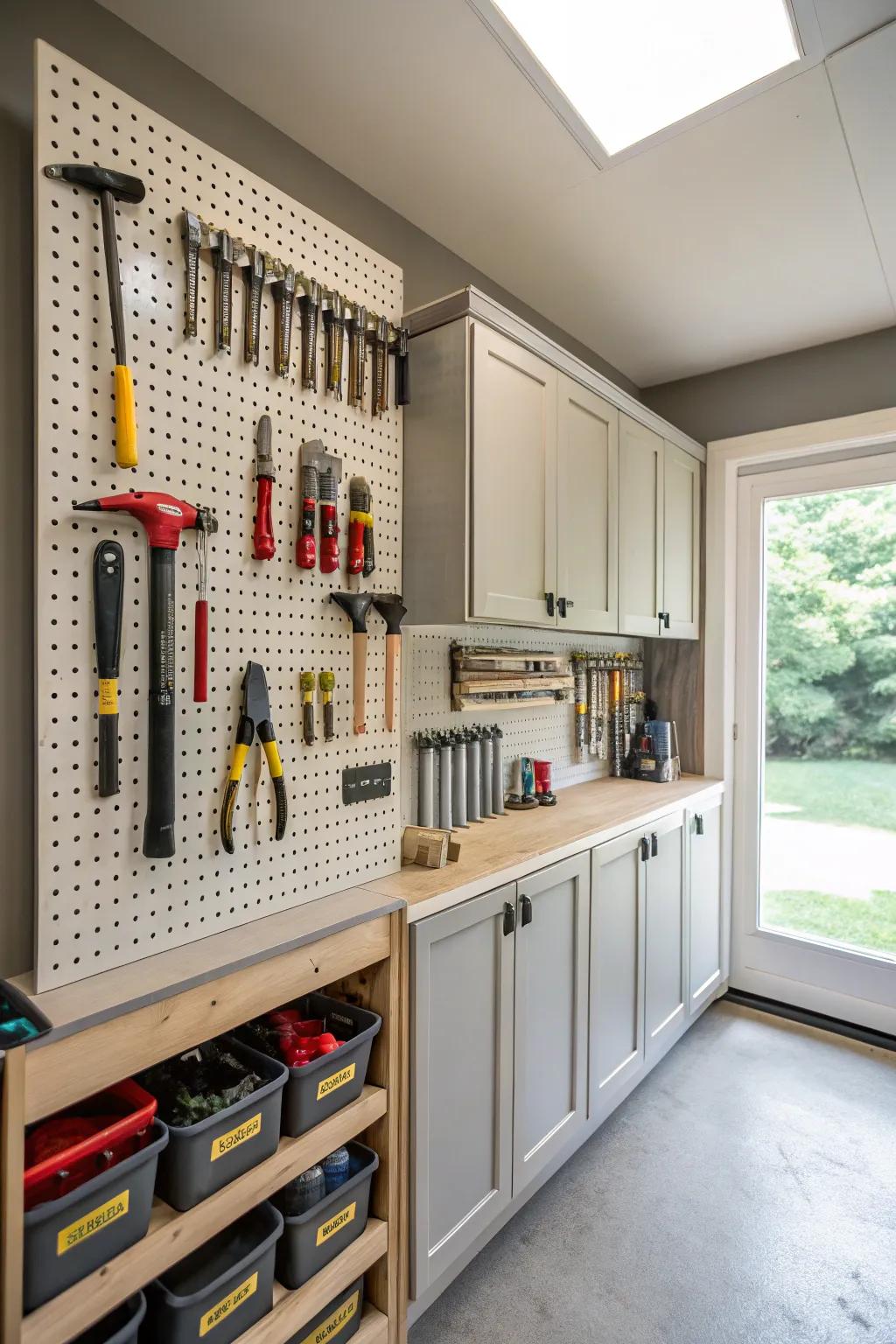 Pegboard integrated, providing flexible and organized storage for tools.