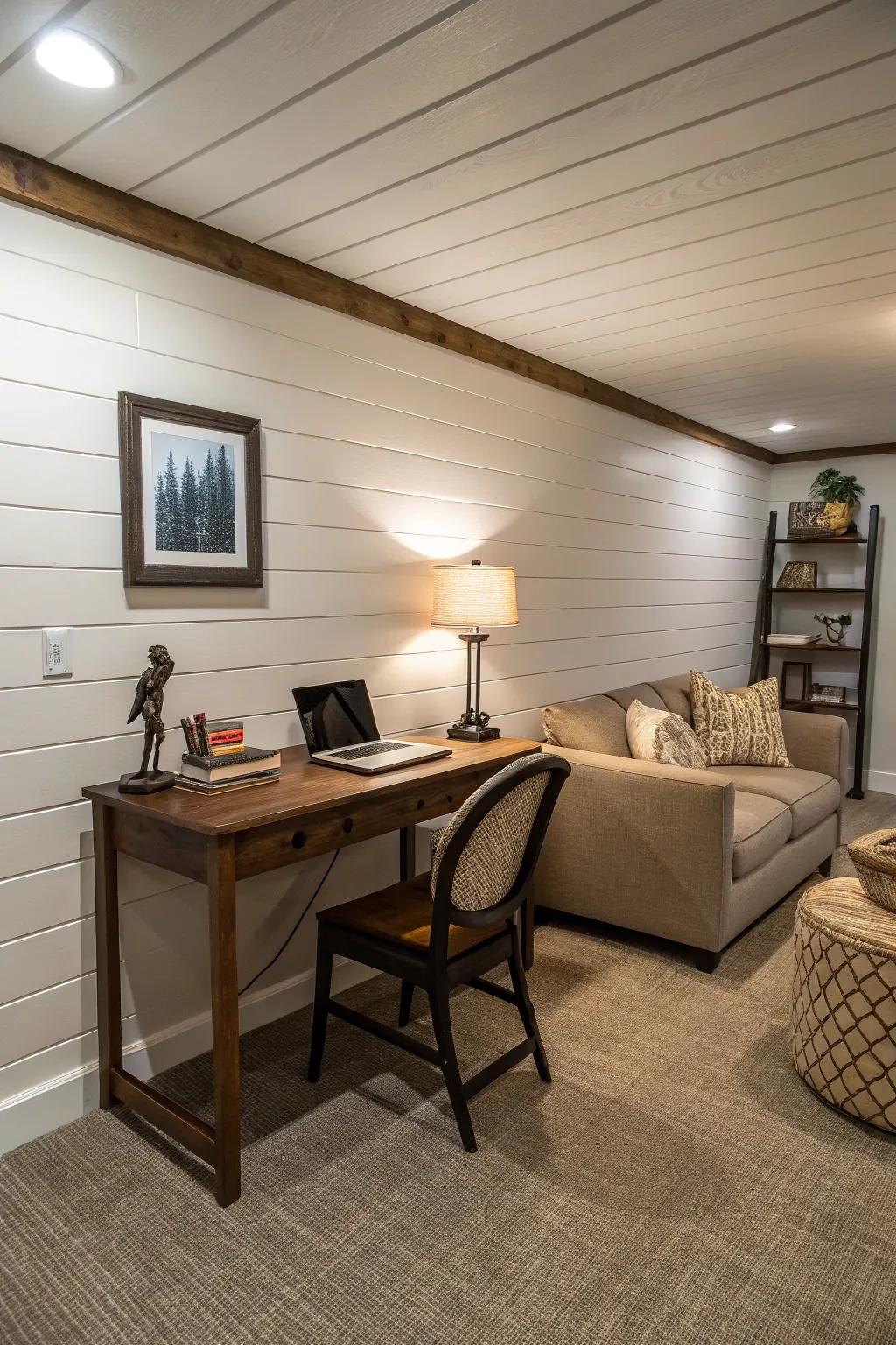 A multi-functional basement featuring board and batten walls separating distinct areas.