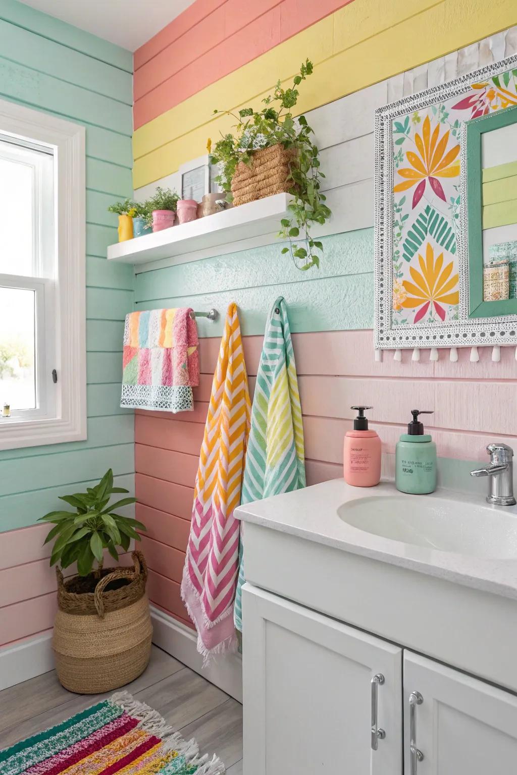 A bathroom featuring a colorful panel feature wall for vibrancy.