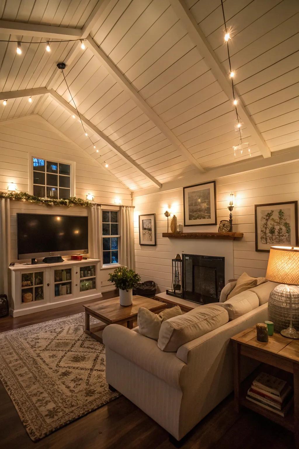Strategic illumination highlighting the beauty of a plank ceiling.