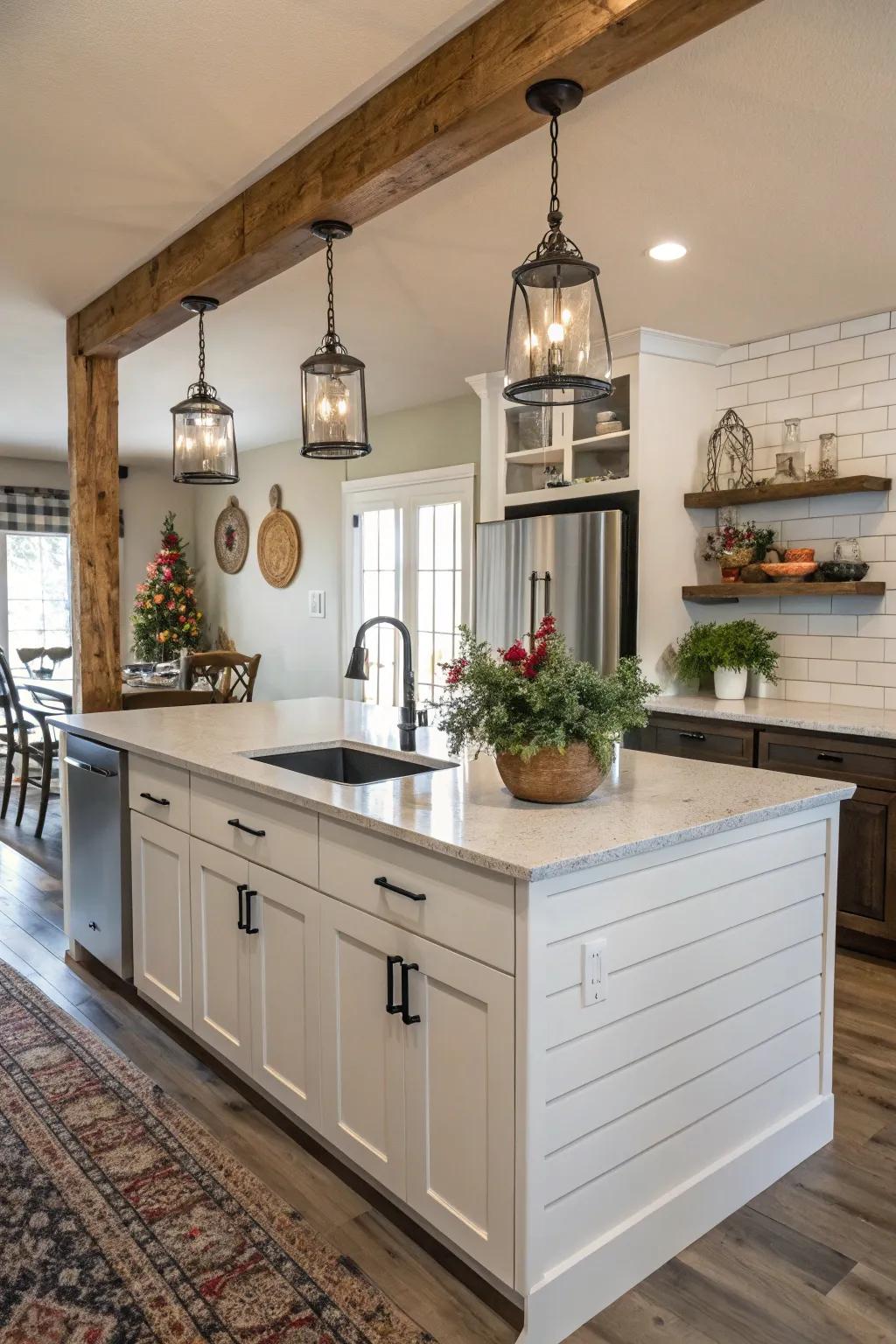 Subtle shiplap highlights add personality to the kitchen island.
