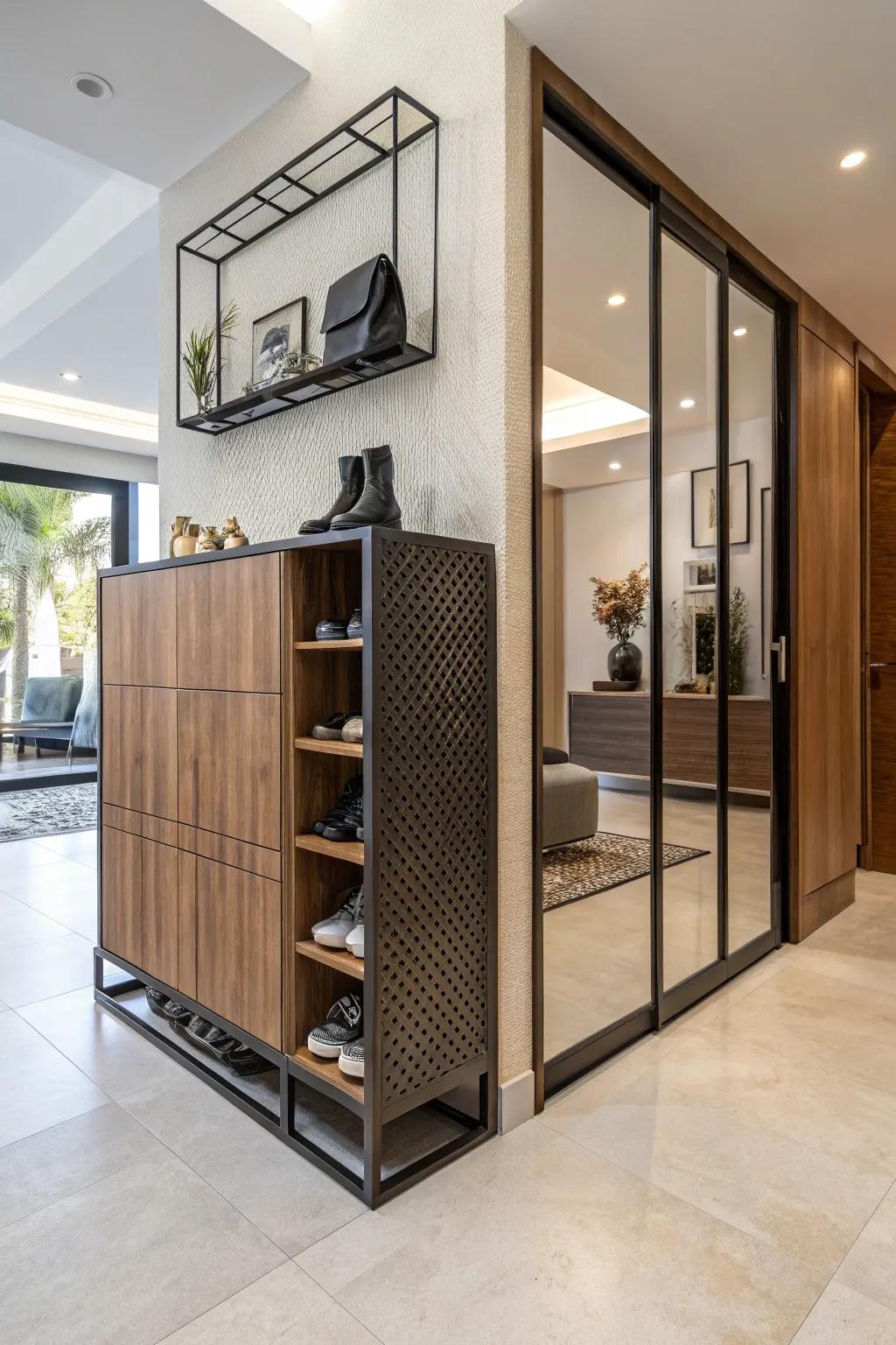 Mixing materials for a shoe cabinet that catches the eye.