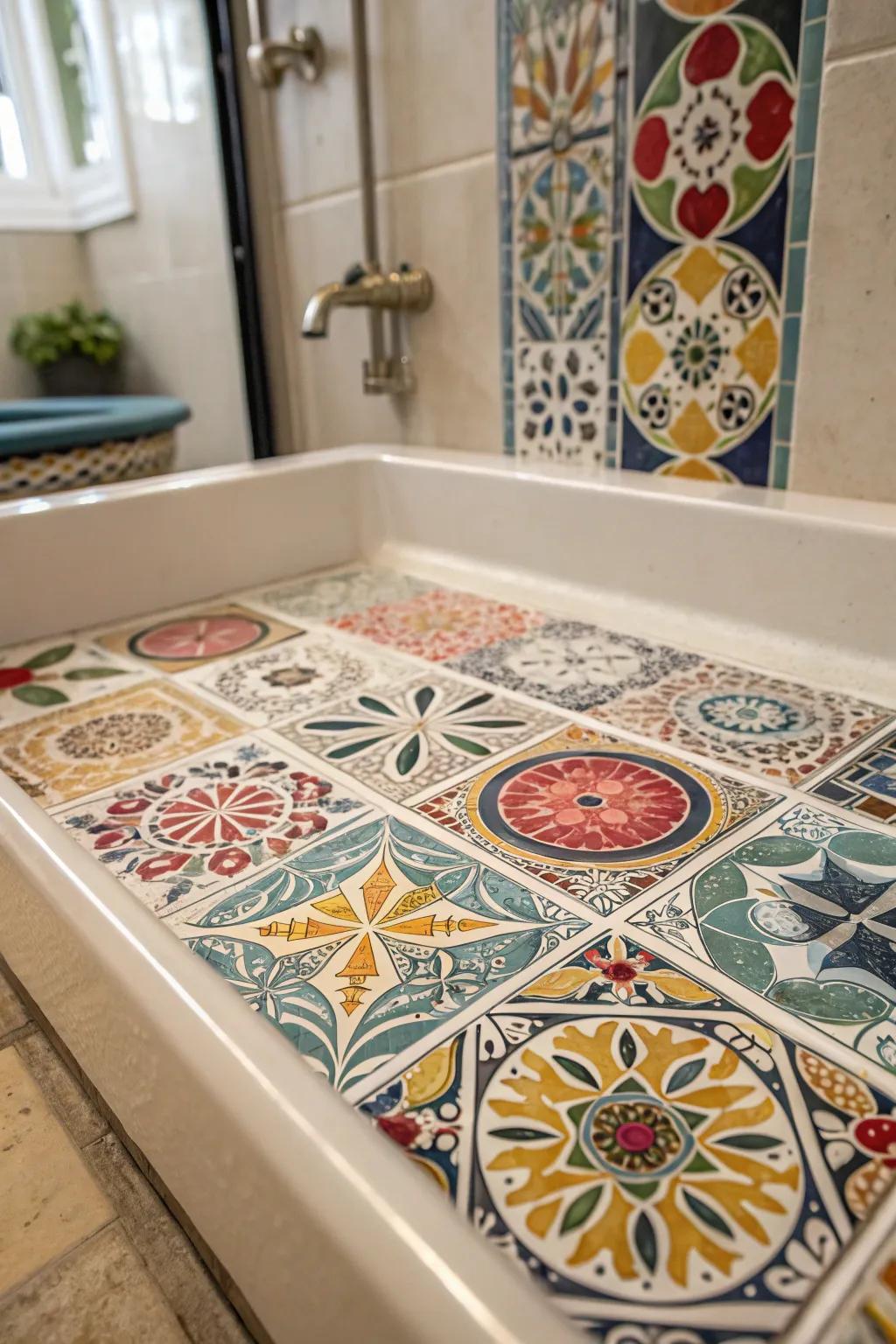 Elaborate tiling patterns in varied hues and shapes fashion a stunning focal point on this shower base.