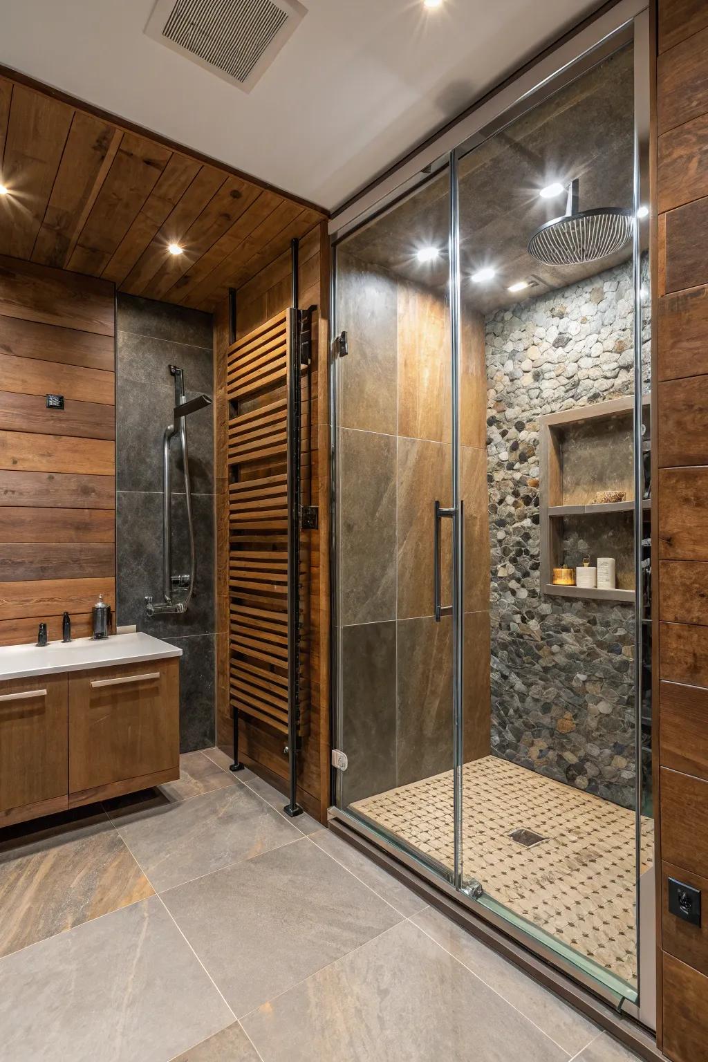 A shower room using a rich texture from a mix of elements.