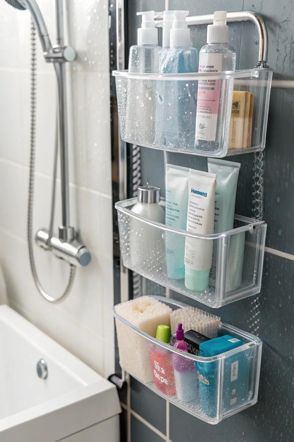 Transparent bins ensure your shower essentials are structured and visible.
