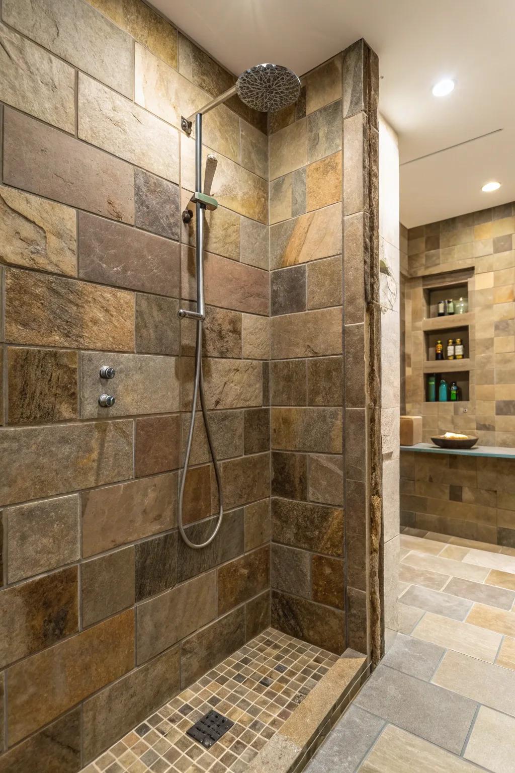 Eco-conscious tiles merge sustainability with singular style within the shower.