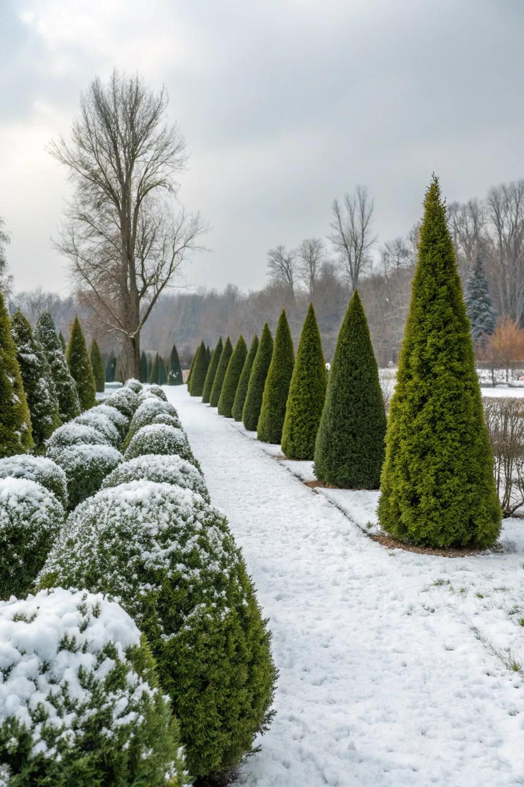 Evergreen shrubs maintain garden interest throughout the winter season.