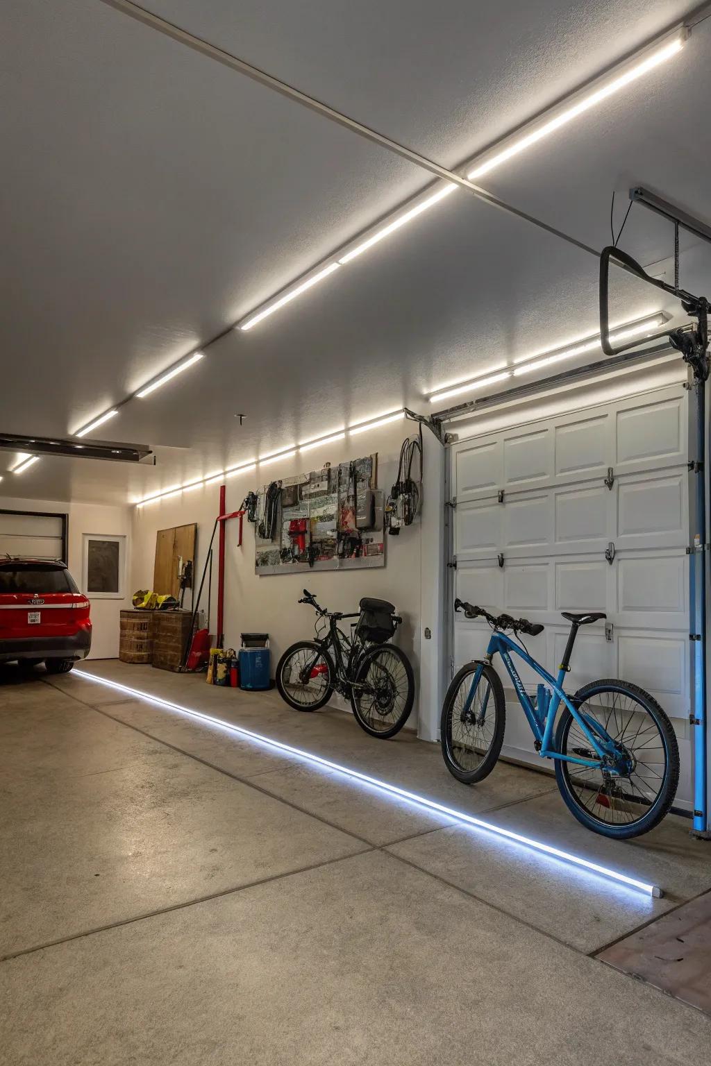 Light ribbons append a modern trace to the garage.