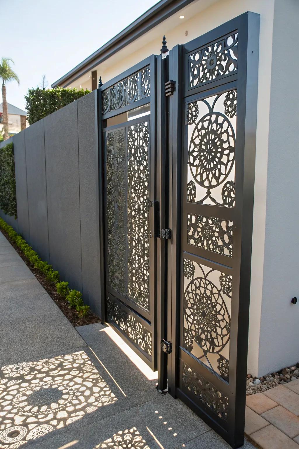 A laser-cut metal gate showcasing intricate artistry.