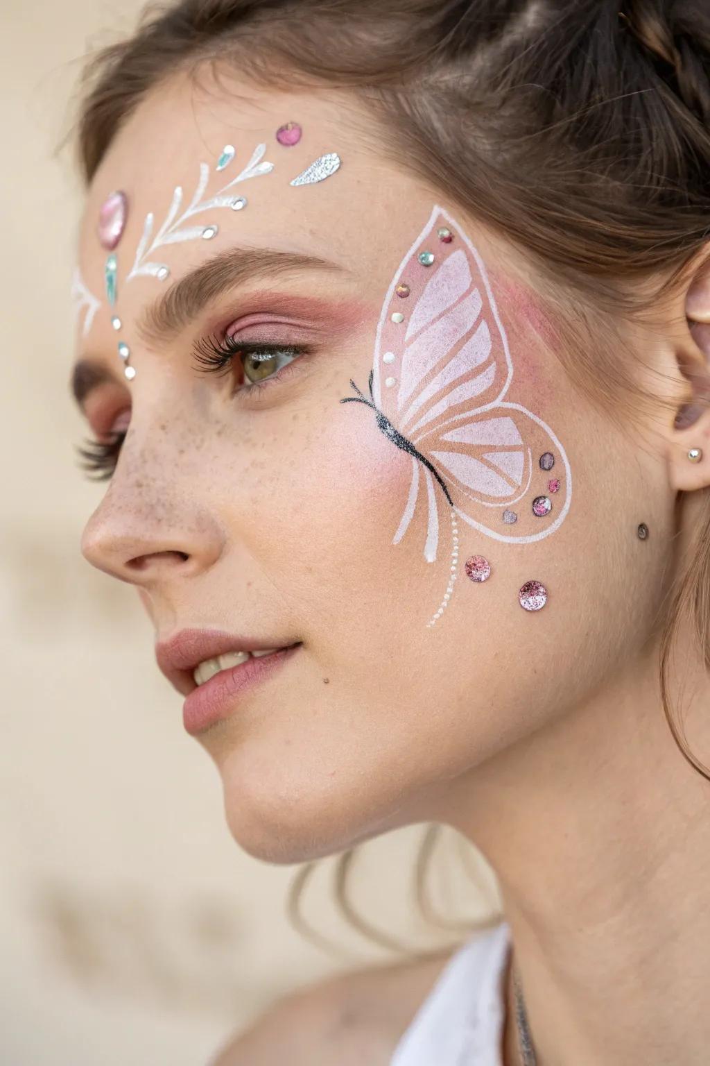 Enhance your butterfly visage painting with twinkling jewels for a touch of whimsical elegance.