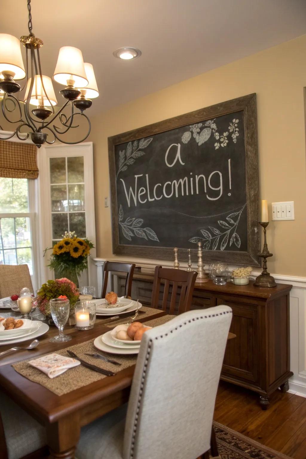 Dining room chalkboard featuring a welcoming quote.