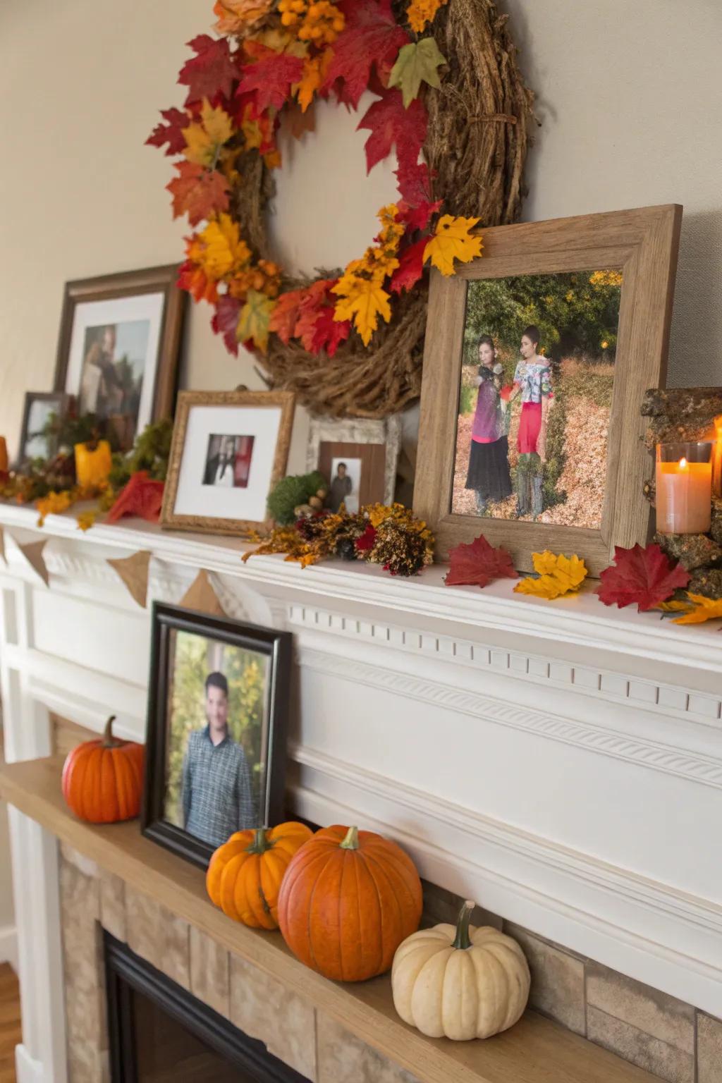 Bespoke accents with family portraits and crafts on the mantel.