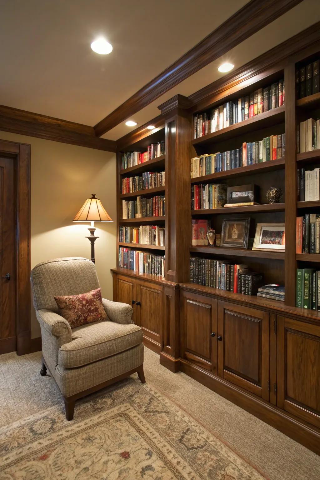 A basement library offers a quiet escape for book lovers.