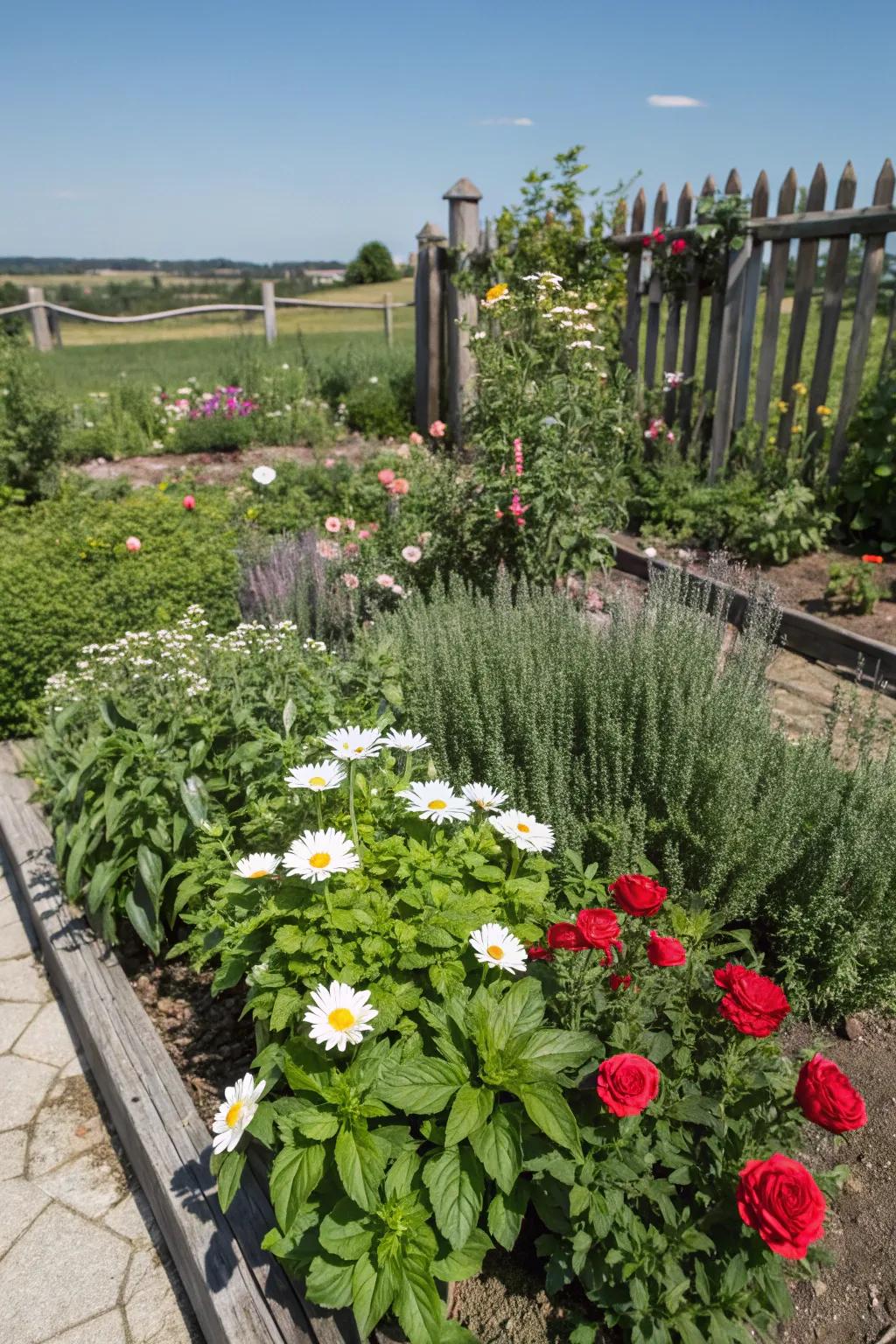 Consolidating herbs and flowers fashions a practical and aromatic garden expanse.