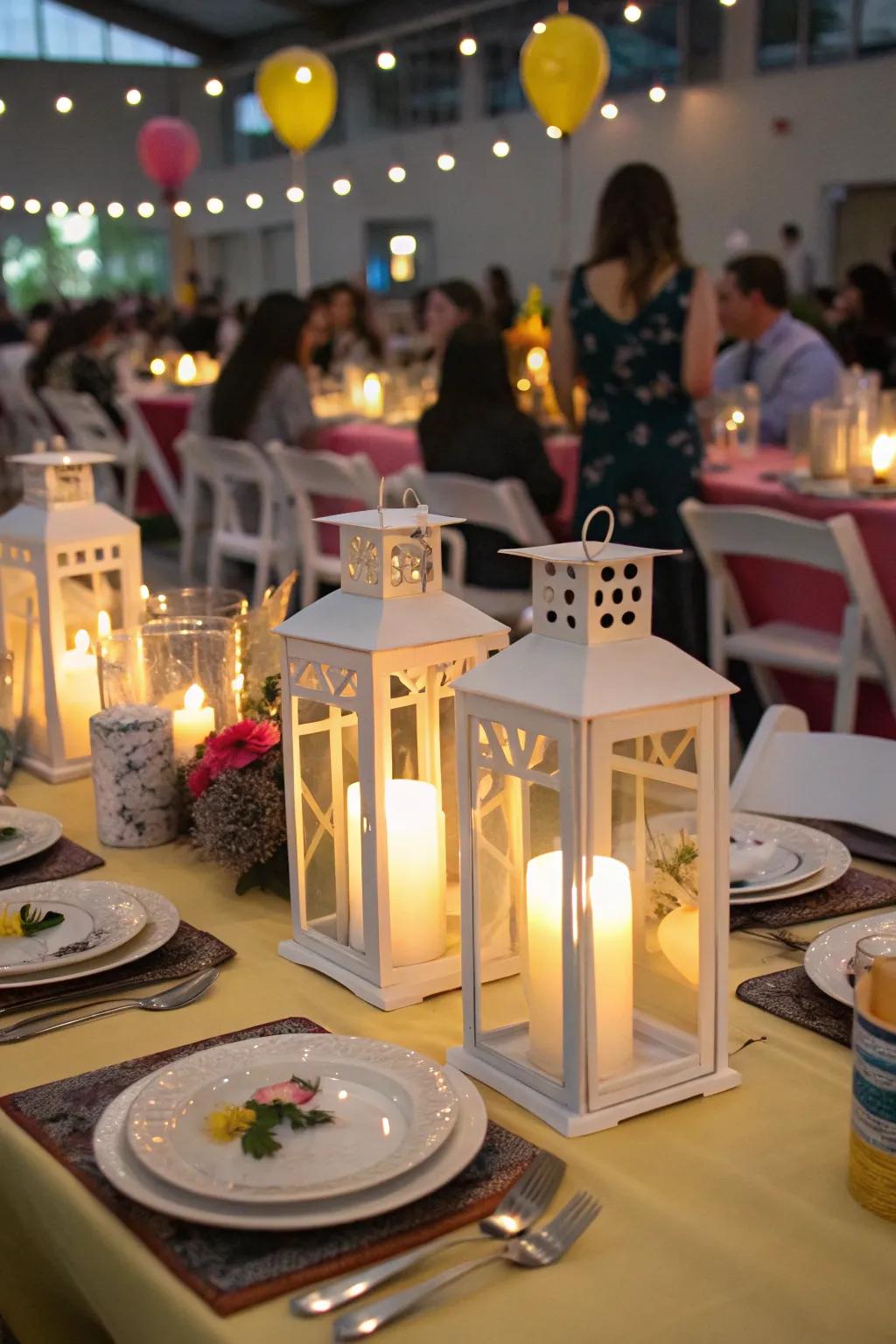 Chic wax luminary lanterns offering a warm and elegant radiance.