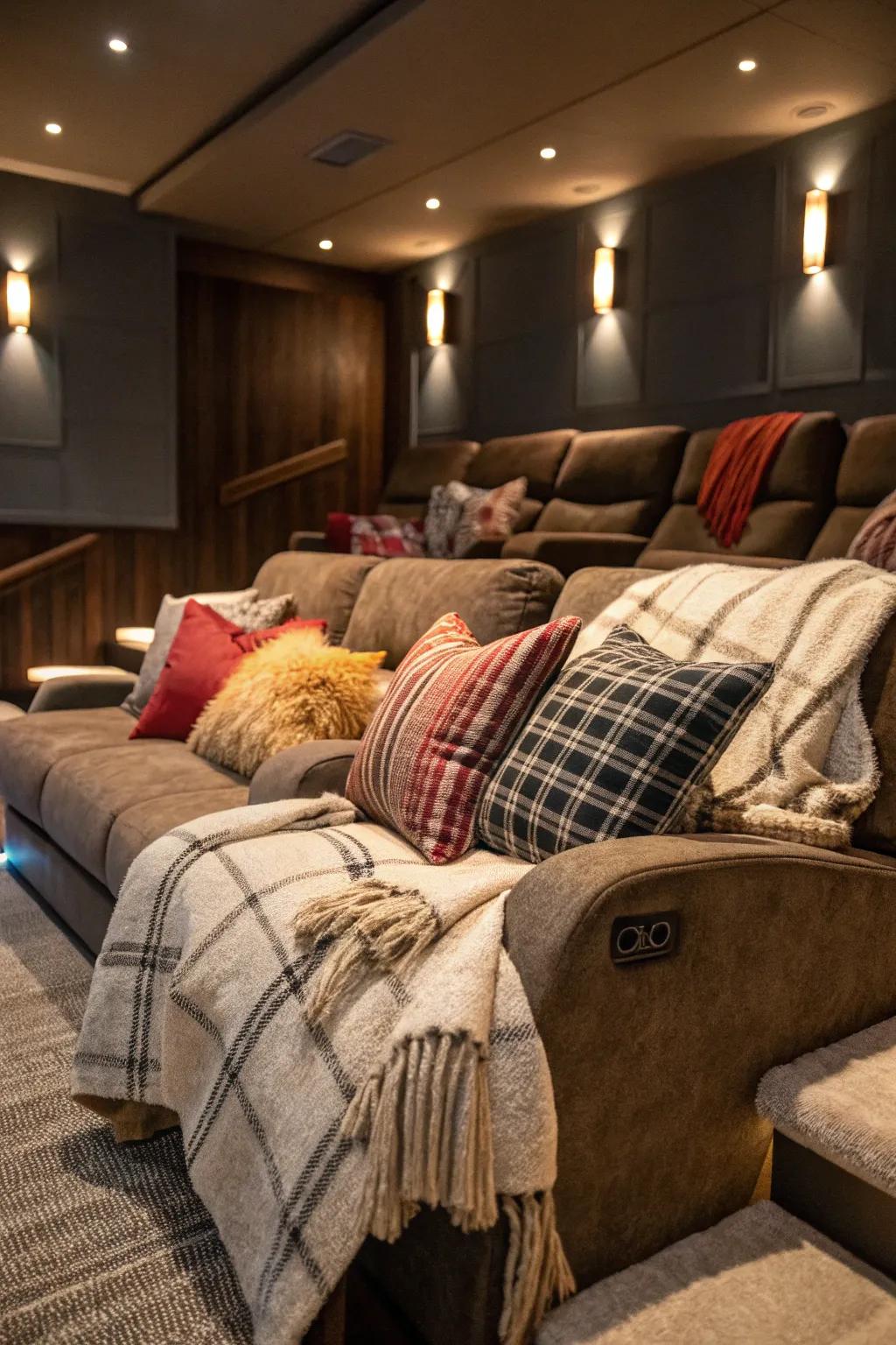 Blankets and pillows make a home cinema feel cozy.