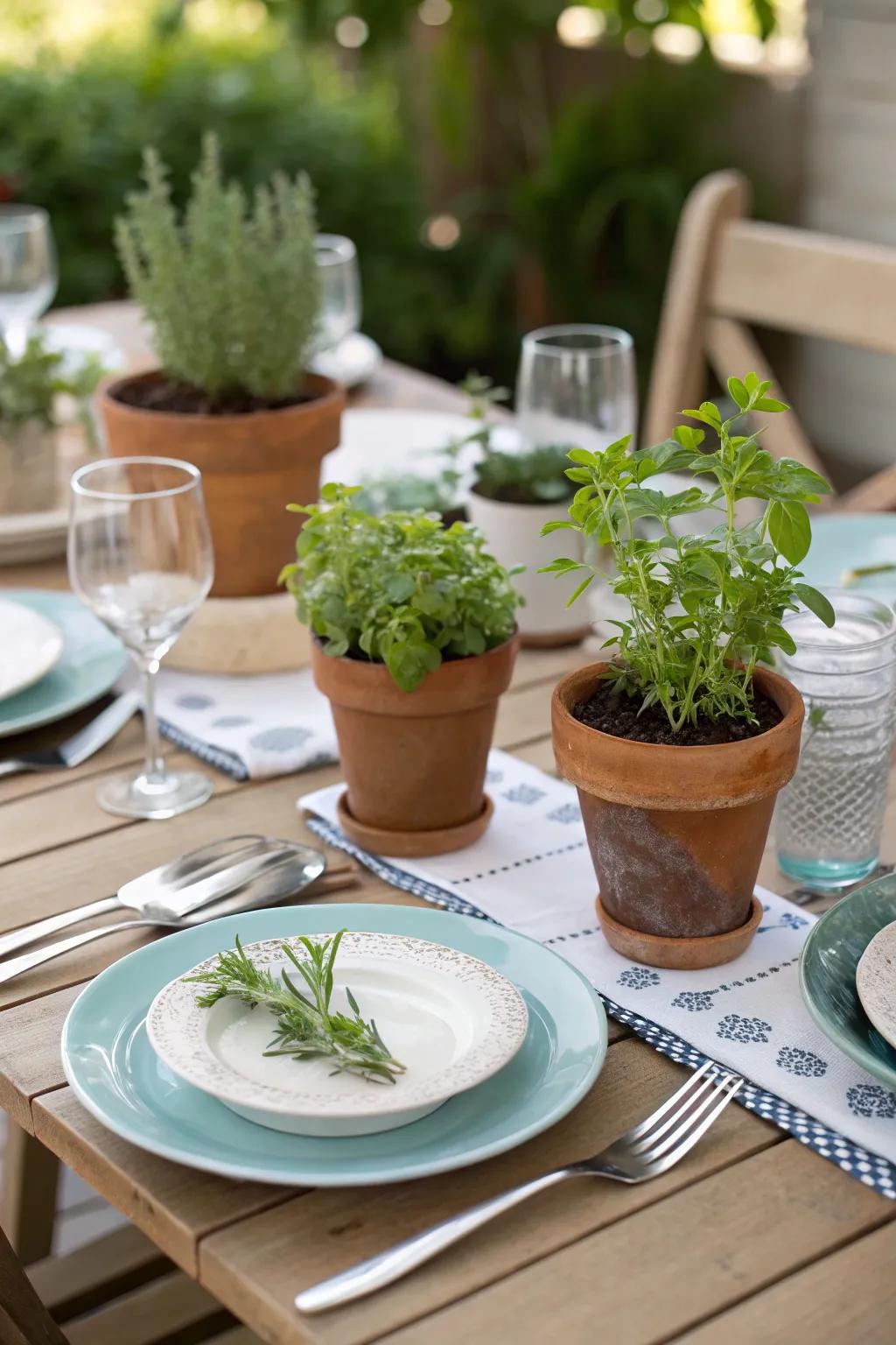 The table décor is given an unexpected twist with tiny potted plants.