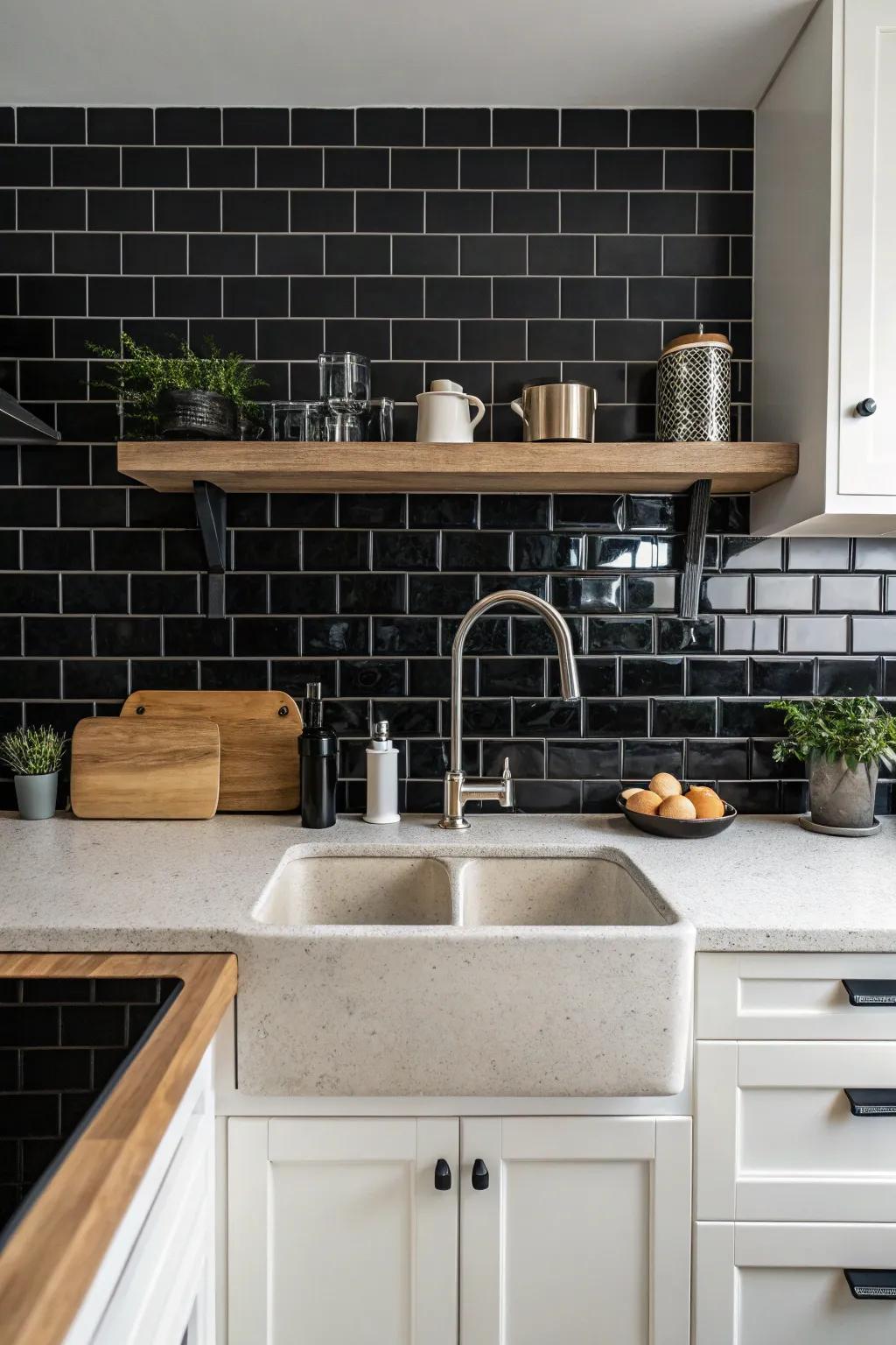 Intense ebony tiles fashion a dramatic and fascinating kitchen backdrop.