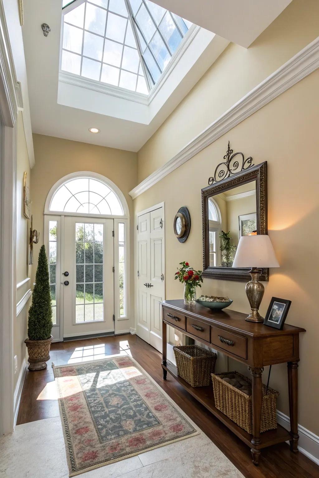 An inviting entryway brightened by a skylight.