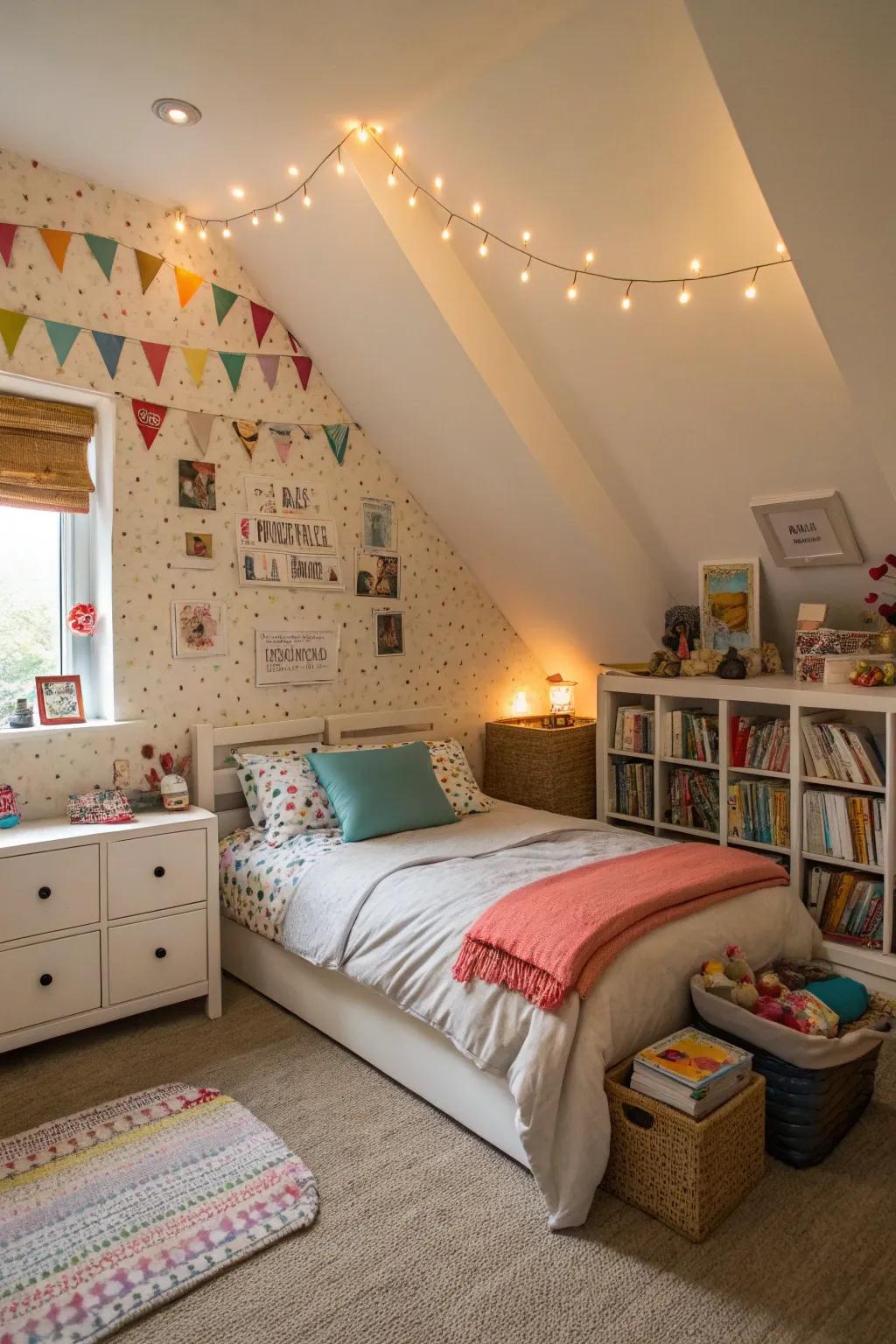 In this attic bedroom, wall decals provide a one-of-a-kind touch.