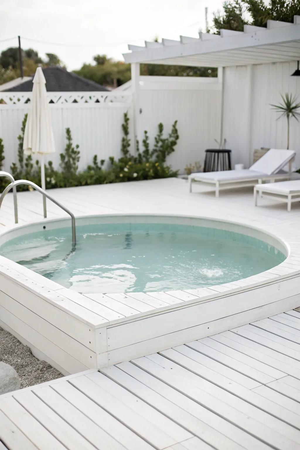 A monochromatic above-ground pool area for a chic retreat.